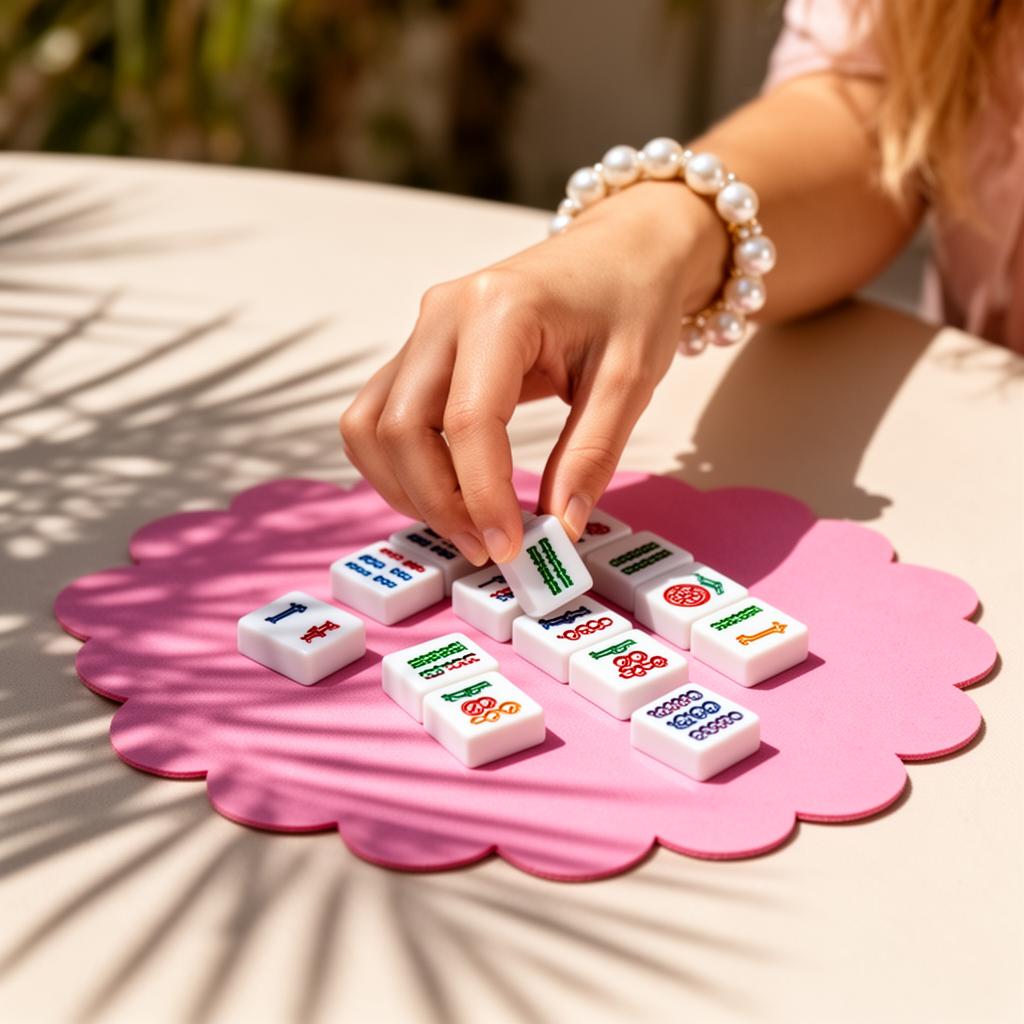 A player placing a mahjong tile on a hand-finished mat at the family table